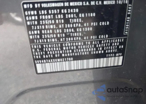 2019 Volkswagen Tiguan 2.0T Sel Premium/2.0T Sel Premium R-Line из США, поврежденный, VIN 3VV4B7AXXKM021780